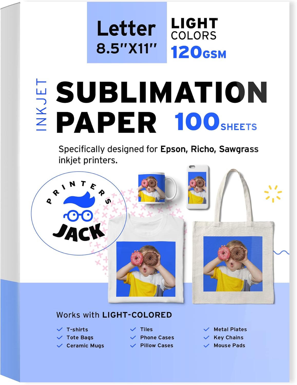 Printers Jack Sublimation Paper - 8.5 x 11 Inches, 100 Sheets 120gsm for Any Epson Sawgrass Inkjet Printer with Sublimation Ink, Heat Transfer Sublimation Paper for T-shirt, Mugs, Light Fabric
