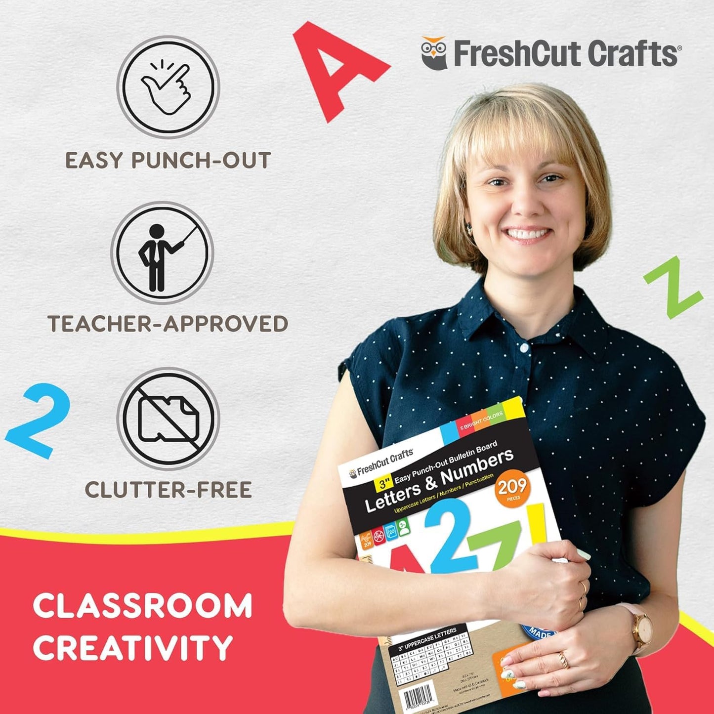 209 Pcs 3" Bright Bulletin Board Letters & Numbers, Capital, Numbers, Punctuation, US Made Card Stock Punch Out Letters for Poster, Bulletin Board, Classroom - Precut