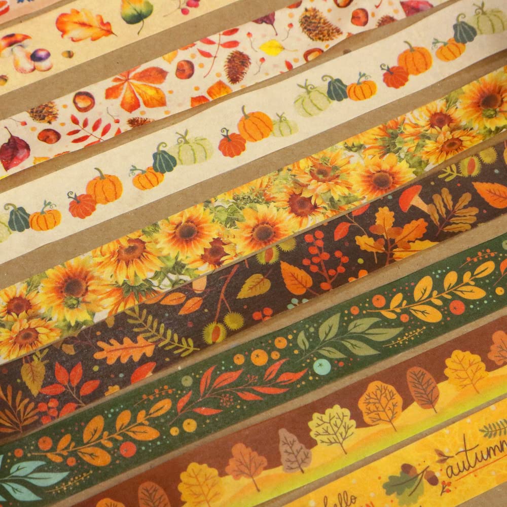 YUBBAEX 10 Rolls Four Seasons Washi Tape Set Yellow Leaves & Flowers Masking Decorative Tapes (Autumn)