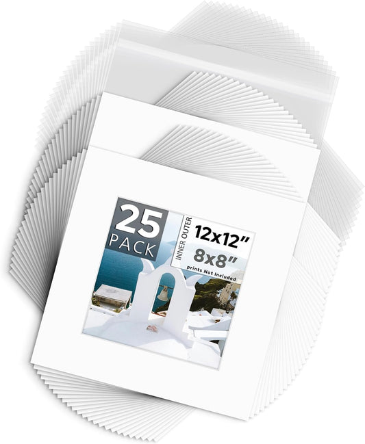 Mat Board Center, Pack of 25, 12x12 for 8x8 White Mat Kit - Acid Free, 4-ply Thickness, White Core - Includes Backing Boards and Clear Bags - for Pictures, Photos, Framing