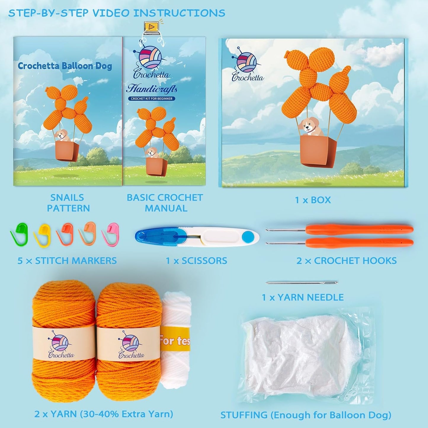 Crochetta Crochet Kit for Beginners, Crochet Kit w Step-by-Step Video Tutorials, Crochet Starter Kit Learn to Crochet Kits for Adults Kids Beginners, Vibrant Orange Balloon Dog (40%+ Yarn Content)