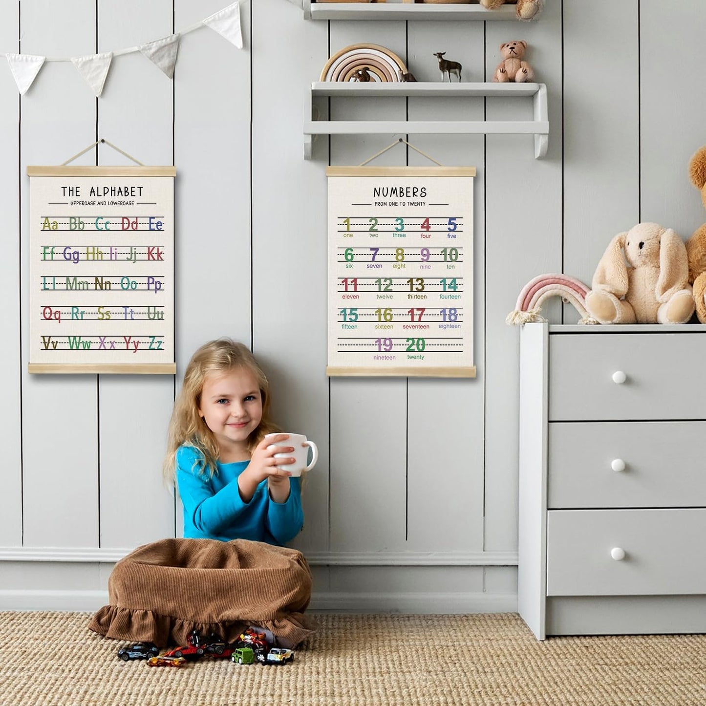 Alphabet and Numbers Wall Chart Set of 2 ,Kids Educational Posters,ABC and 1-20 Number Learning Banners for Toddlers, Preschool Classroom, Nursery, Playroom Decor 14 x 18.5 Inch(Colorful)