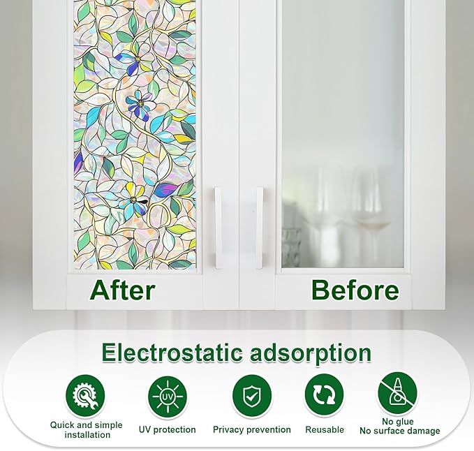 Window Privacy Film Home Room Bathroom Spring Decor Car Decorations One Way Privacy Window Clings Decals Tint Door Cover Rainbow Renter Friendly Stickers Static Cling Stained Glass Windows