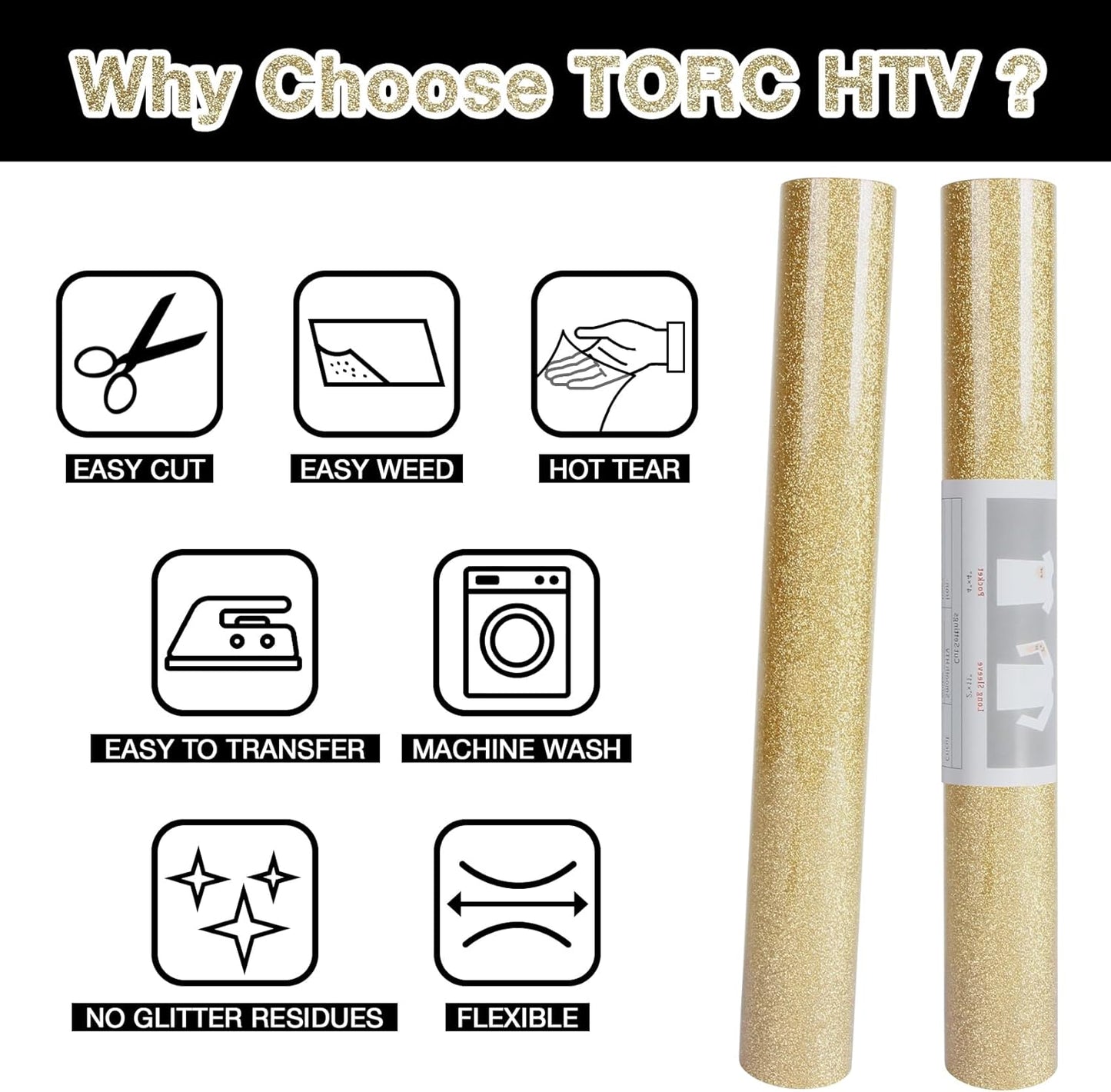 TORC Champagne Glitter HTV Heat Transfer Vinyl 2 Rolls Iron on Vinyl for T Shirts Crafts 12 inch x 5 ft