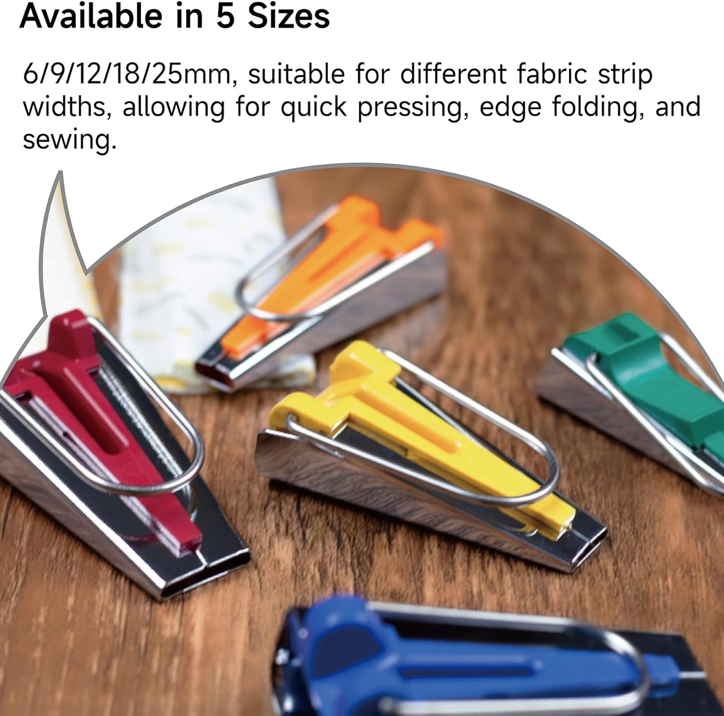 KEARING 5-Size Bias Tape Maker Kit - 1/4" 3/8" 1/2" 3/4" 1" Quilting Tools Set with Metal Guides for DIY Sewing & Fabric Binding | Durable, Non-Slip Design (5-Piece)