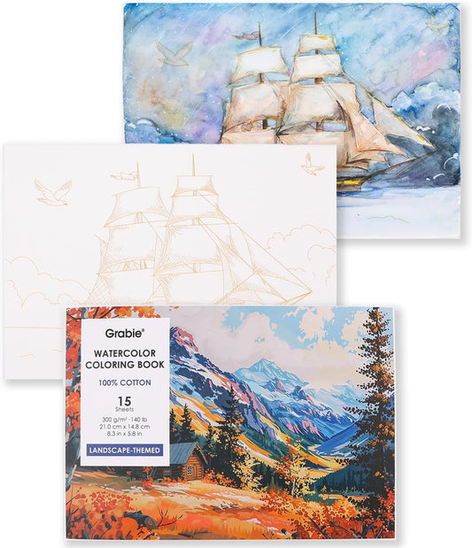 Grabie Watercolor Coloring Book, 15 Sheets A5 (8.3 x 5.8),Watercolor Book for Adults: Ignite Your Artistic Expression on 100% Cotton Paper (Land-Scape)