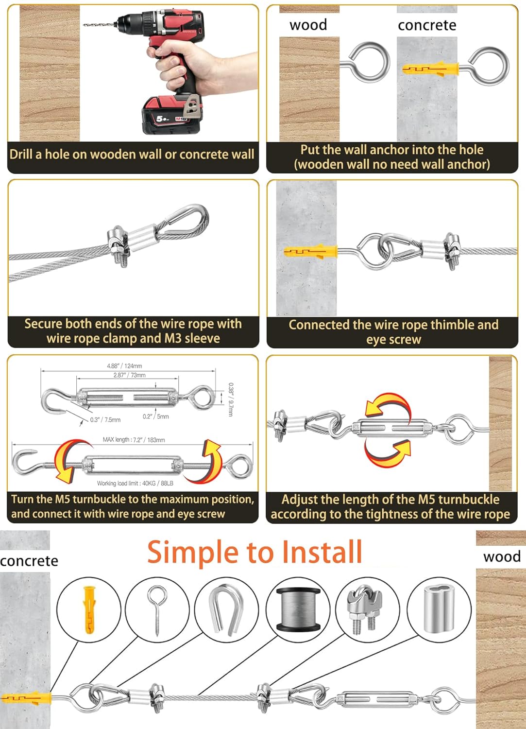 1/8 Inch Heavy-Duty Stainless Steel Cable 65FT Wire Rope with M5 Turnbuckle - 304 Stainless Steel, 1700LB Break Strength for Outdoor Sun Shade, Garden Climbing,Deck Railing (1/8" 65FT Wire Rope Kit)