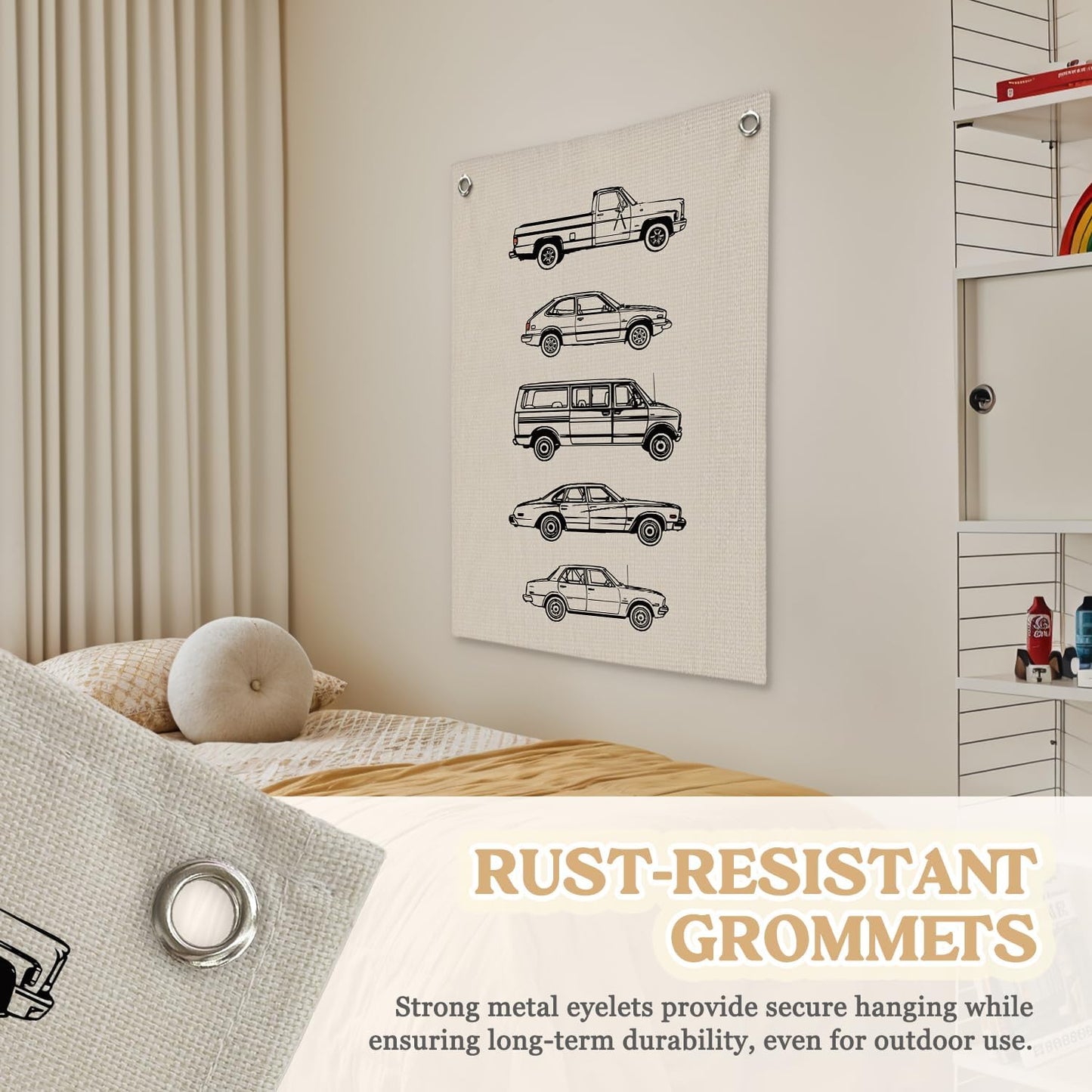 Toddler Boy Room Decor, Vintage Car Linen Canvas Banner, Retro Car Room Decor Wall Hanging Flag Banner for Little Boy Bedroom,Playroom Nursery 18x25 Inch