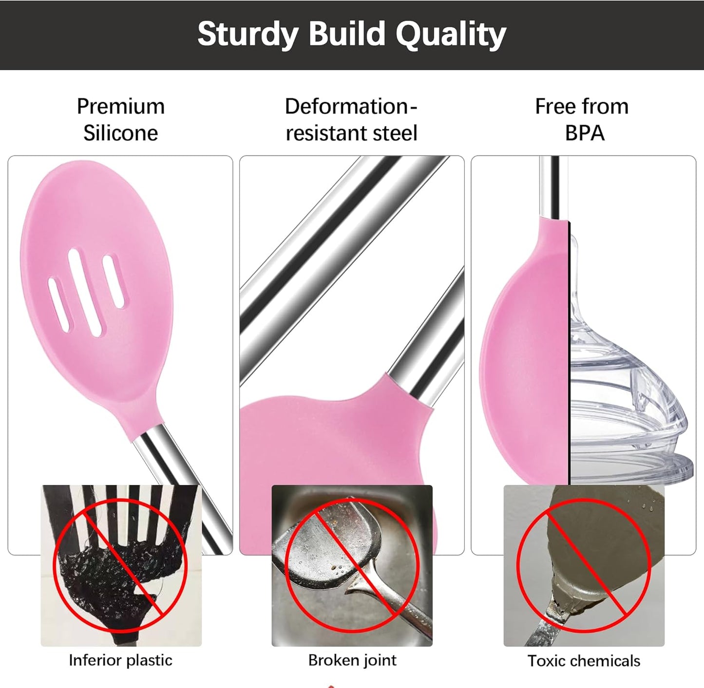 Silicone Spatula Spoon Set, 4 PCS Silicone Cooking Utensils Spatula Spoon Set with Stainless Steel Handle, BPA Free Kitchen Turners for Frying, Mixing, Serving, Draining, Turning, Stirring, Pink