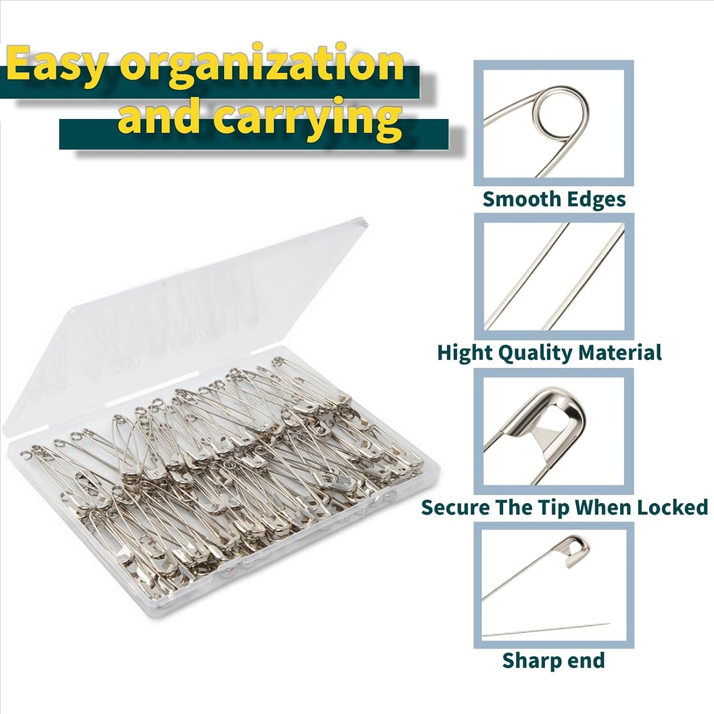 3Inch Extra Large Safety Pins - 100Pcs Heavy Duty Silver Nickel-Plated Steel - Bulk for Sewing, Crafts, Clothing, Decor & Clips