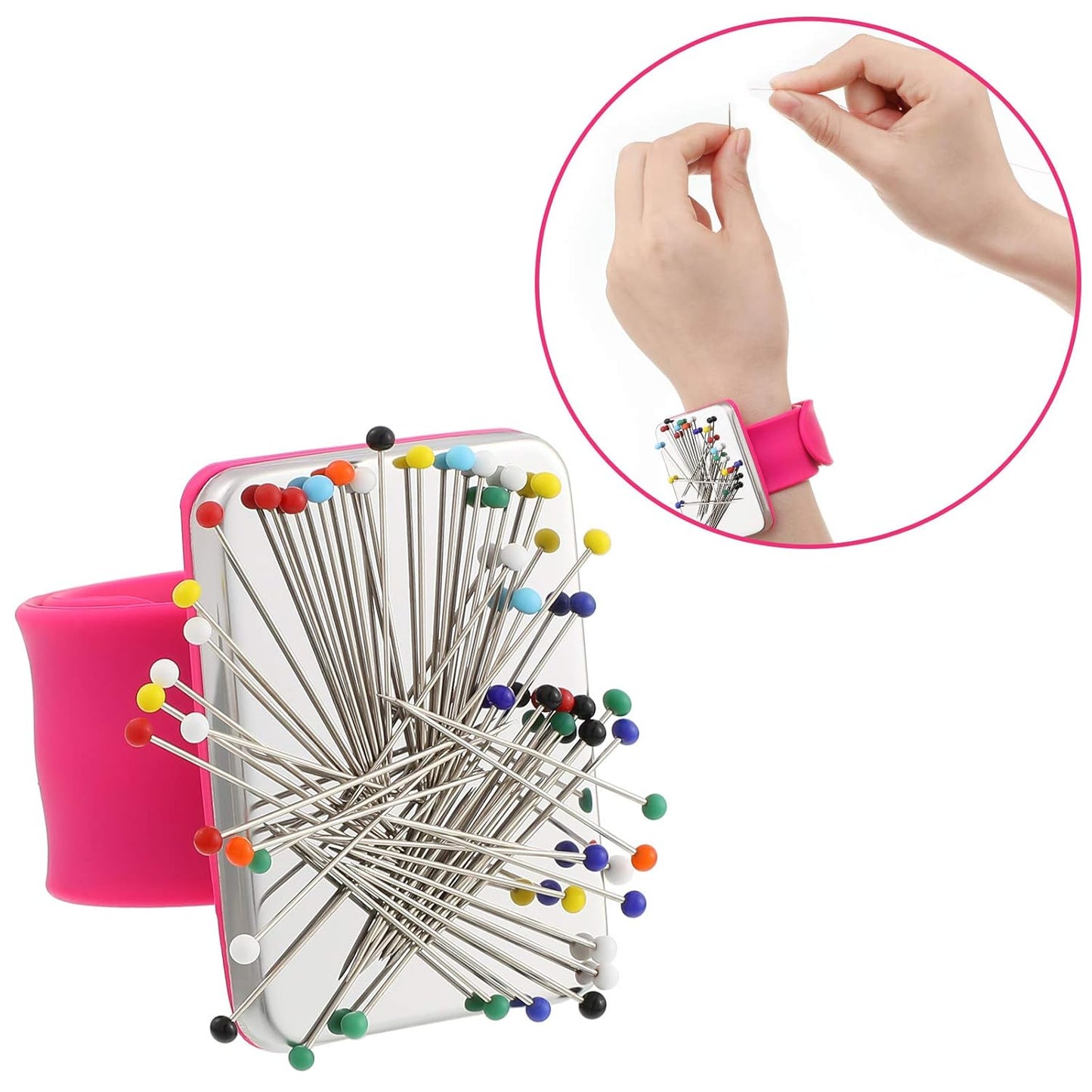 WILLBOND Magnetic Wrist Sewing Pincushion Wrist Magnetic Pin Holder Wristband Pin Cushion Holder with 3 Pcs Stainless Steel Pintail Comb Rat Tail Comb for Hair Clips Hand Sewing(Rose Red)