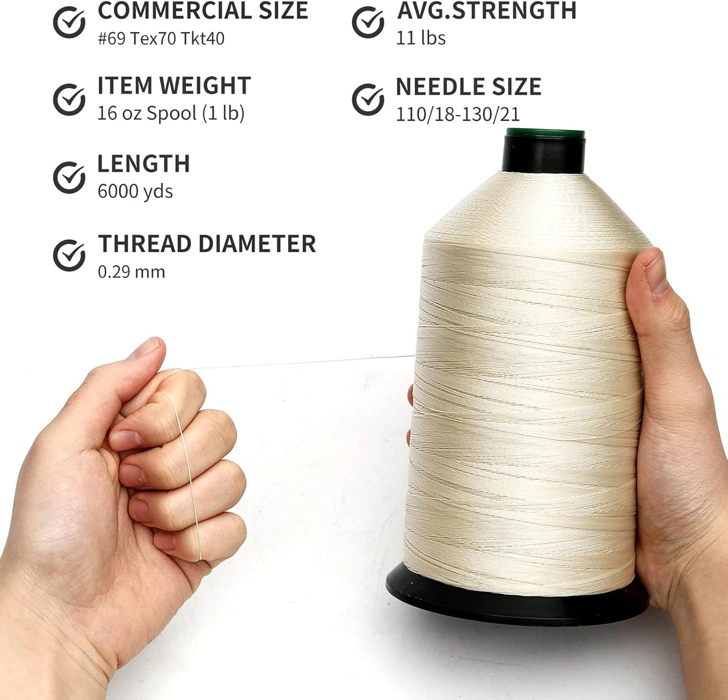 Extra Strong Bonded Nylon Thread #69 Tex70 – 16 OZ, 6000yds, Versatile Stitching Solution for Leather, Upholstery, Canvas Repair and More (Beige)
