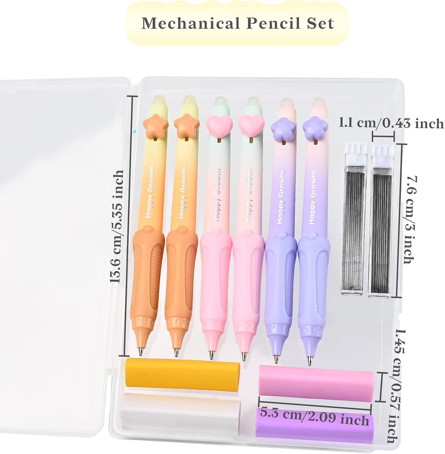 Temiary Cute Mechanical Pencil Set with Case, 6 Pcs Medium Point 0.9 mm Pencils with 2 Tubes HB Lead Refills, 4 Pcs Erasers for School Supplies Student Writing, Drafting Drawing Sketching (Pastel)