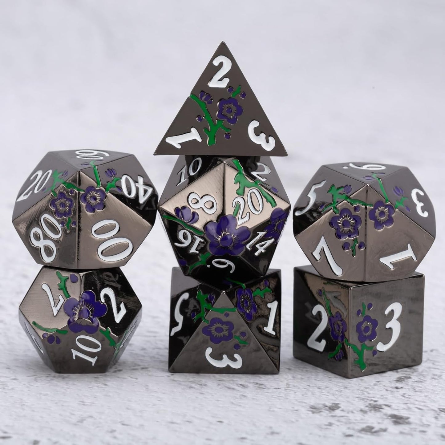 Black Metal Dice Set D&D,7pcs RPG Metal Flower Dice Set with Gift Box,RPG Polyhedral Metal Dice for Table Game(Black Nickel - Purple Green)