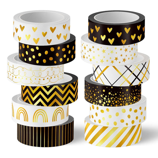 Whaline 12 Rolls Gold Foil Pattern Washi Tape Heart Dot Stripe Rainbow Masking Tape Set Decorative Wrapping Paper Tapes for Scrapbook Journal DIY Art Crafts
