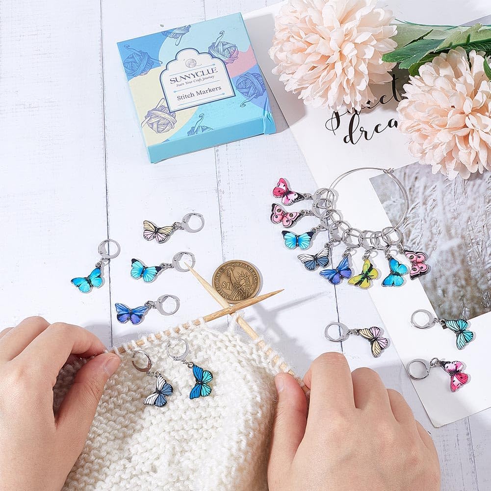 SUNNYCLUE 1 Box 20Pcs Stitch Markers Cute Butterfly Lobster Clasp Charms Crochet Stitch Marker Removable Knitting Stitch Markers Metal Crocheting Markers for Sewing Weaving Knit Threading DIY Craft