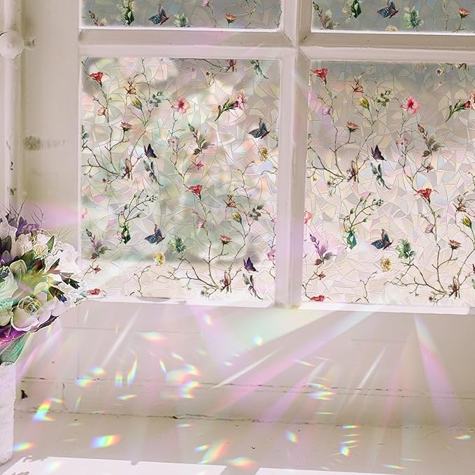 Rainbow Window Privacy Film Stained Glass Handmade Design for Bathroom, Watercolor Flower and Butterfly, 39.37" x 16.92"