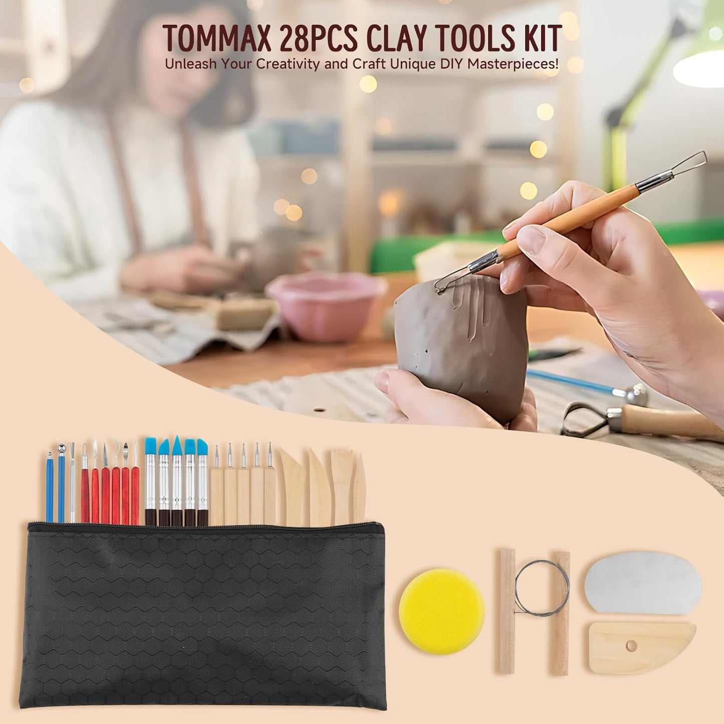 Clay Sculpting Tools Kit 28PCS, Clay Pottery Carving Tool Kit with Wooden & Stainless Steel Clay Tools, Professional Clay Sculpting Tools for Adults, Sculpting Tools for Air Dry Clay, Polymer, Ceramic
