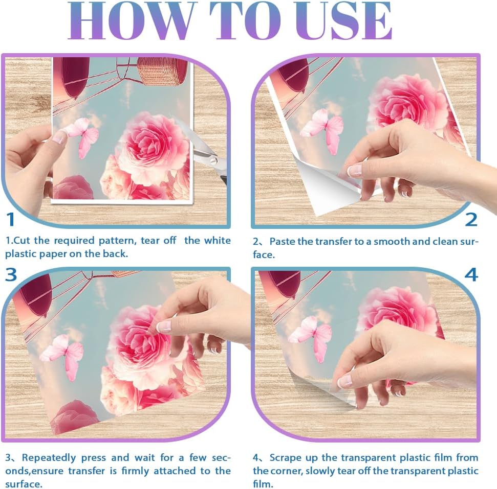 GLOBLELAND 4 Sheets Pink Roses Hot Air Balloons Rub on Transfers Pink Flower Furniture Decor Transfers Romance Butterflies Decal Transfers Stickers for Bedroom Living Room Desk Table Valentine's Day