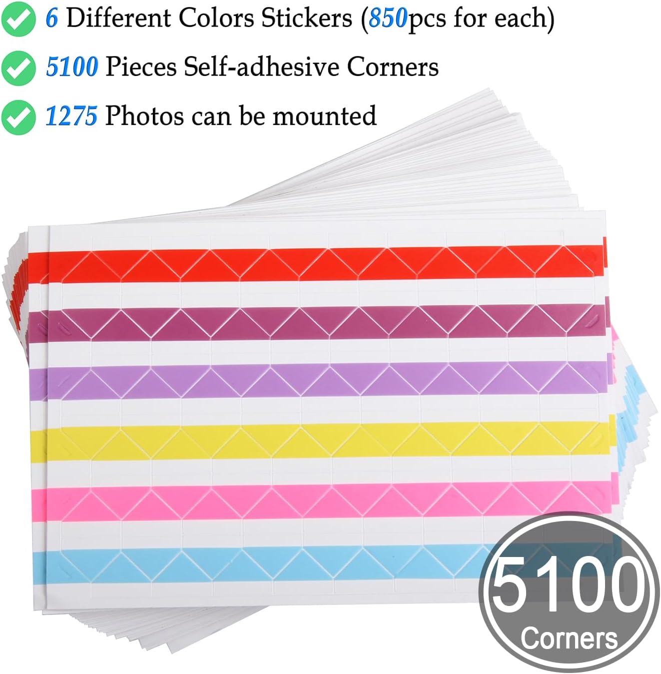 50 Sheets Self Adhesive Photo Corners - Hold 1275 Photos - 6 Colors 5100 pcs Photo Mounting Corner Stickers for Polaroid, Instax Foto of DIY Picture Scrapbook and Recollections Photo Album