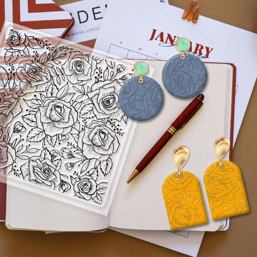 CHGCRAFT Polymer Clay Texture Sheets Rose Background Silicone Texture Stamp Sheets for Polymer Clay Texture Mat for Making Earrings Jewerly, Polymer Clay Earrings Tools, 5.5x5.5inch
