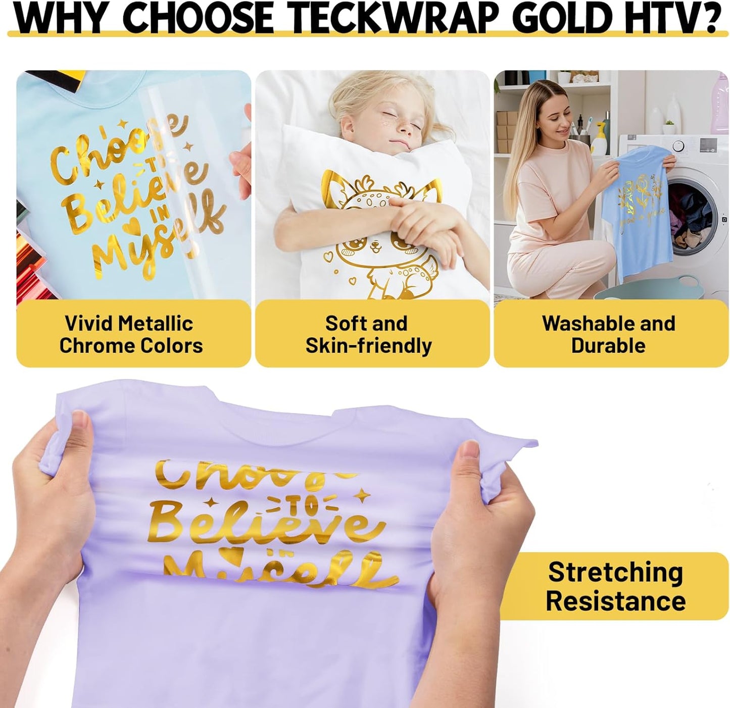 TECKWRAP Gold HTV Heat Transfer Vinyl 12" x 5ft Chrome Gold Vinyl for Craft Cutter, Heat Press Machine Iron On Vinyl for T-Shirts Easy to Cut & Weed
