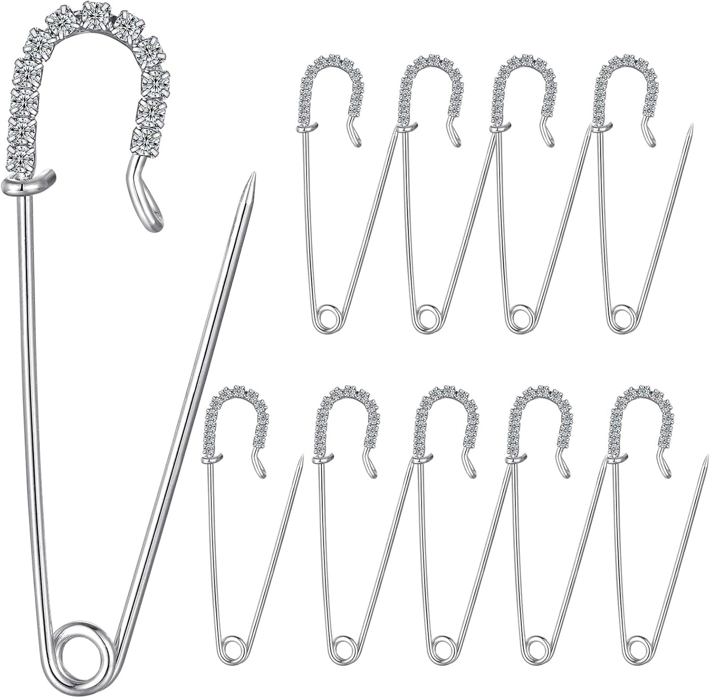 Housweety 10 Silver Tone Rhinestone Safety Pins Brooches 6.5x1.8cm