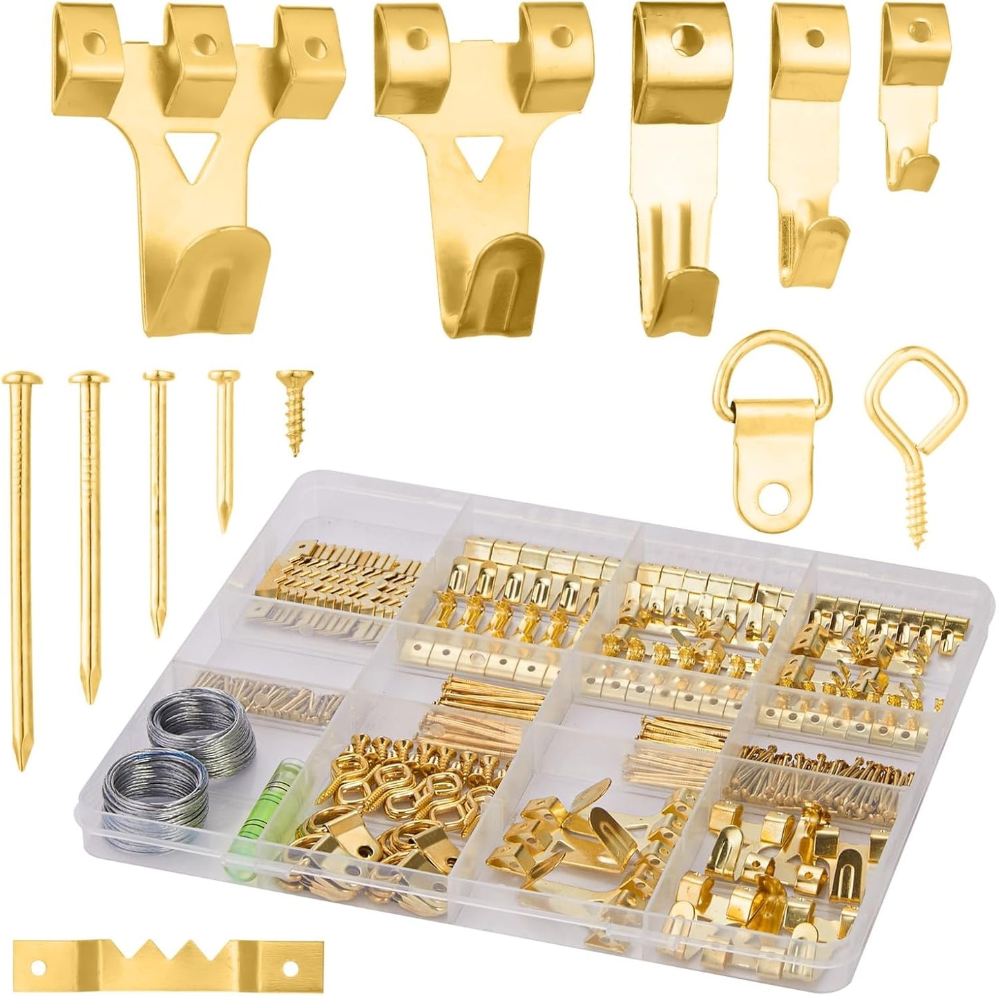 303-Piece Picture Hanging Assortment, Heavy Duty Hooks, Nails, Sawtooth, D-Rings, Wire, Level, and Metal Wall Hooks for Picture Framing and Canvas Mounting (Gold)