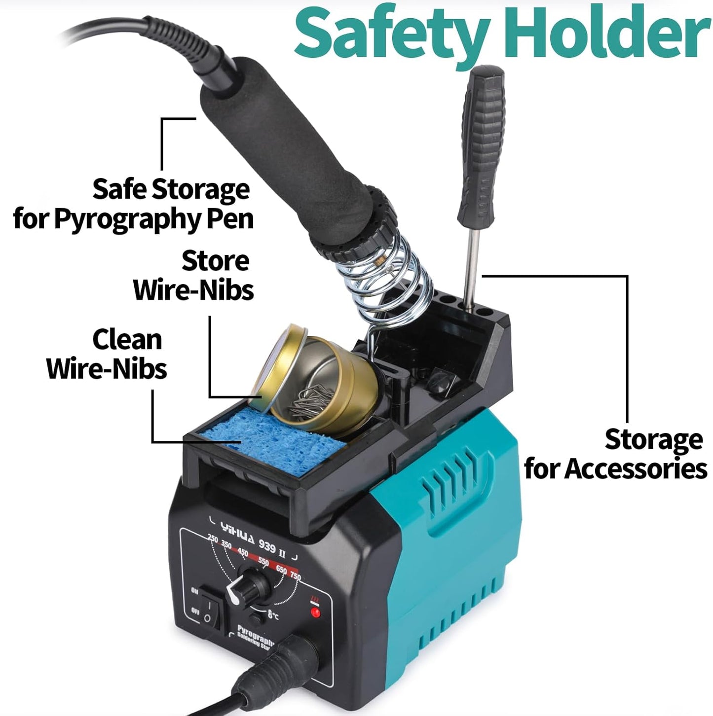YIHUA 939-II Wood Burning Kit Station Pyrography pen 250~750℃/482~1382℉ Temperature Adjustable with 20 Wire Nibs, 1 stable pen holder, 2 stencils, 2 scrap wood, 1 S/S Tweezers, and 1 pliers (Green)