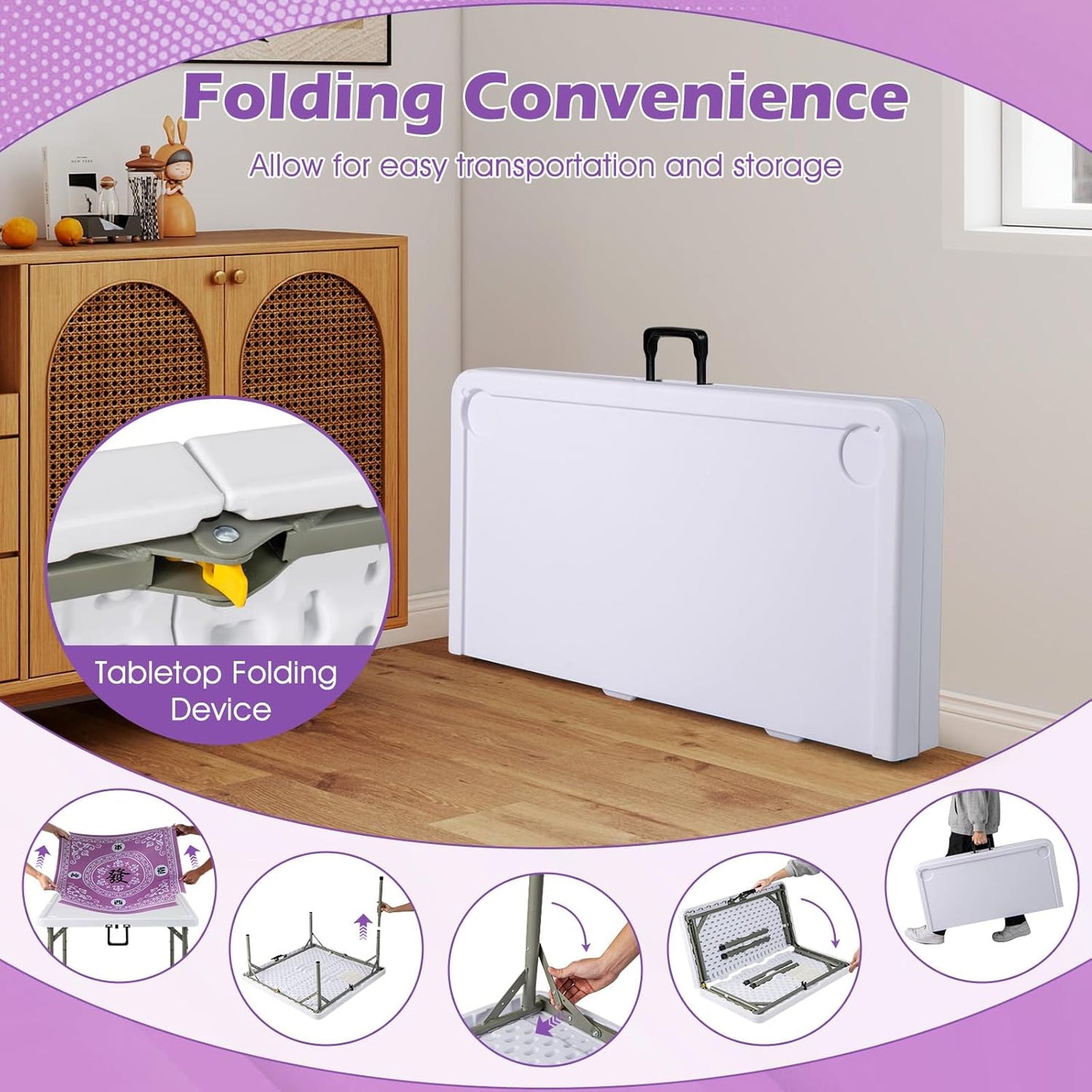 Giantex Folding Mahjong Table, 35" Square Card Table with Cup Holders, Removable Noise Reduction Mat, HDPE Tabletop, 4-Player Portable Domino Tables for Poker Blackjack Board Game (Pink)