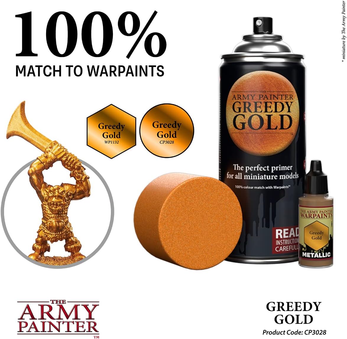The Army Painter Colour Primer Greedy Gold, 400 mL Acrylic Spray Primer, Spray Paint for Miniature Priming Basecoat, Tabletop Roleplaying, Boardgames, and Wargames Miniature Modelling