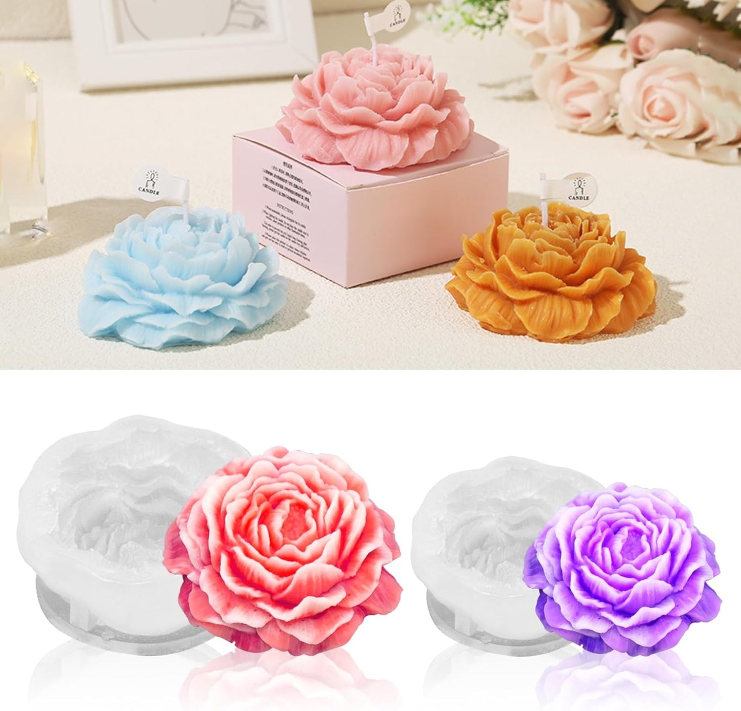 2Pcs Peony Silicone Candle Flower Wax Mold Silicone for Candles Resin Making Molds Moldes De Silicona para Hacer Velas Artesanales De Silicona,for Making Mothers Day Gifts for Mom Daughter