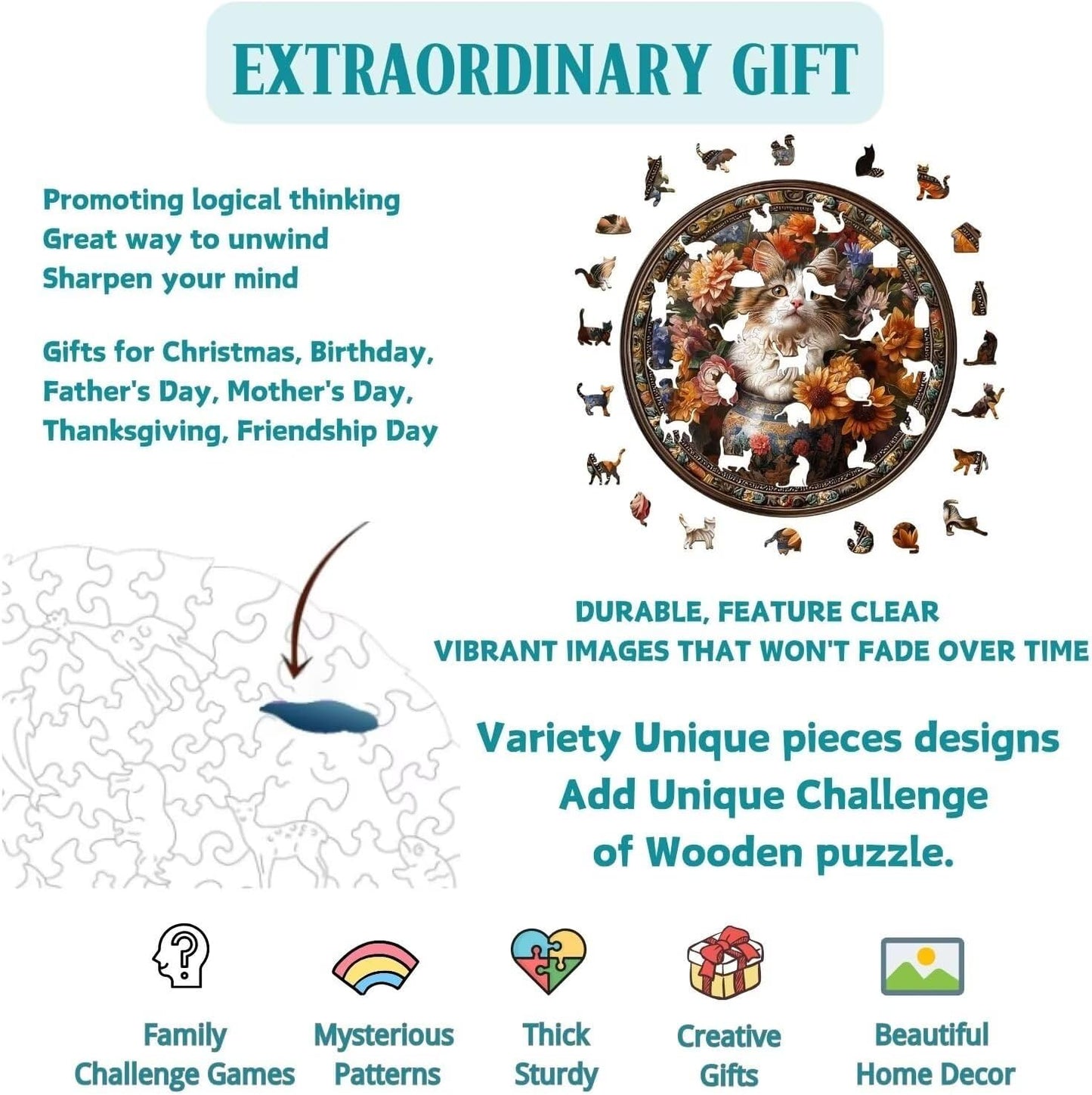 Wooden Puzzles Adults, Beautiful Tricolor Cat Wooden Puzzles 300 Pieces, Unique Animal Shaped Wood Challenging Jigsaw Puzzles Gifts for Adults, 13.4x13.4in