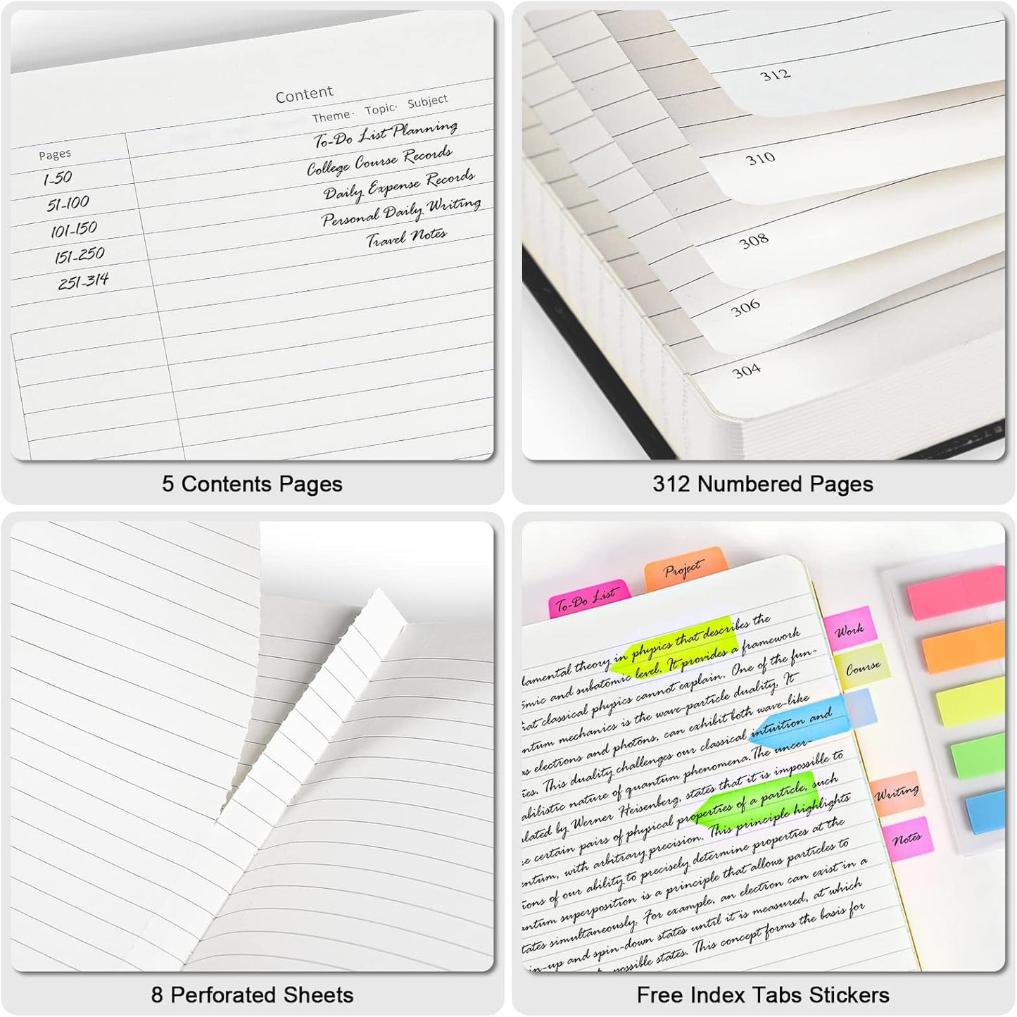 Lined Journal Notebook, Large A5 College Ruled Notebook, 312 Numbered Pages Work Notebook with Index Stickers, 100gsm Thick Paper, Hardcover Vegan Leather Journal for Women Men School Office, Pink