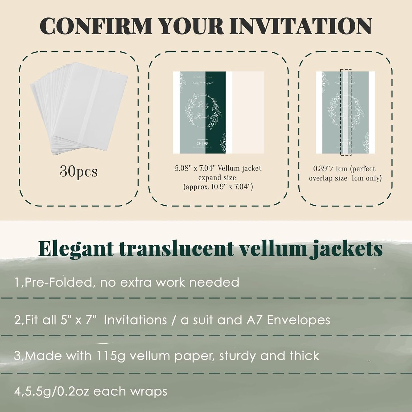 UNIQOOO 30 Pack Pre-Folded Vellum Jackets for 5x7 Invitations, Elegant Blank DIY Vellum Paper, 115GSM Semi-Transparent Cover Jacket for Wedding Envelopes