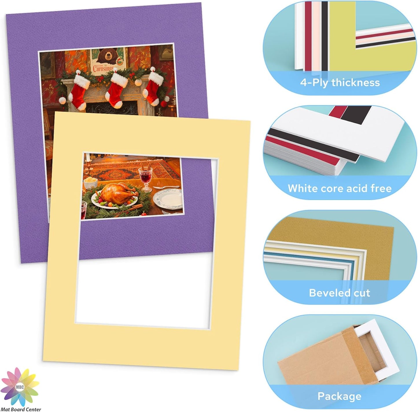 Mat Board Center, 11X14 Mix Color Mats for 8X10 Pictures - Acid Free, 4-Ply Thickness, White Core, Bevel Cut - for Artworks, Photos, Framing - Pack of 12