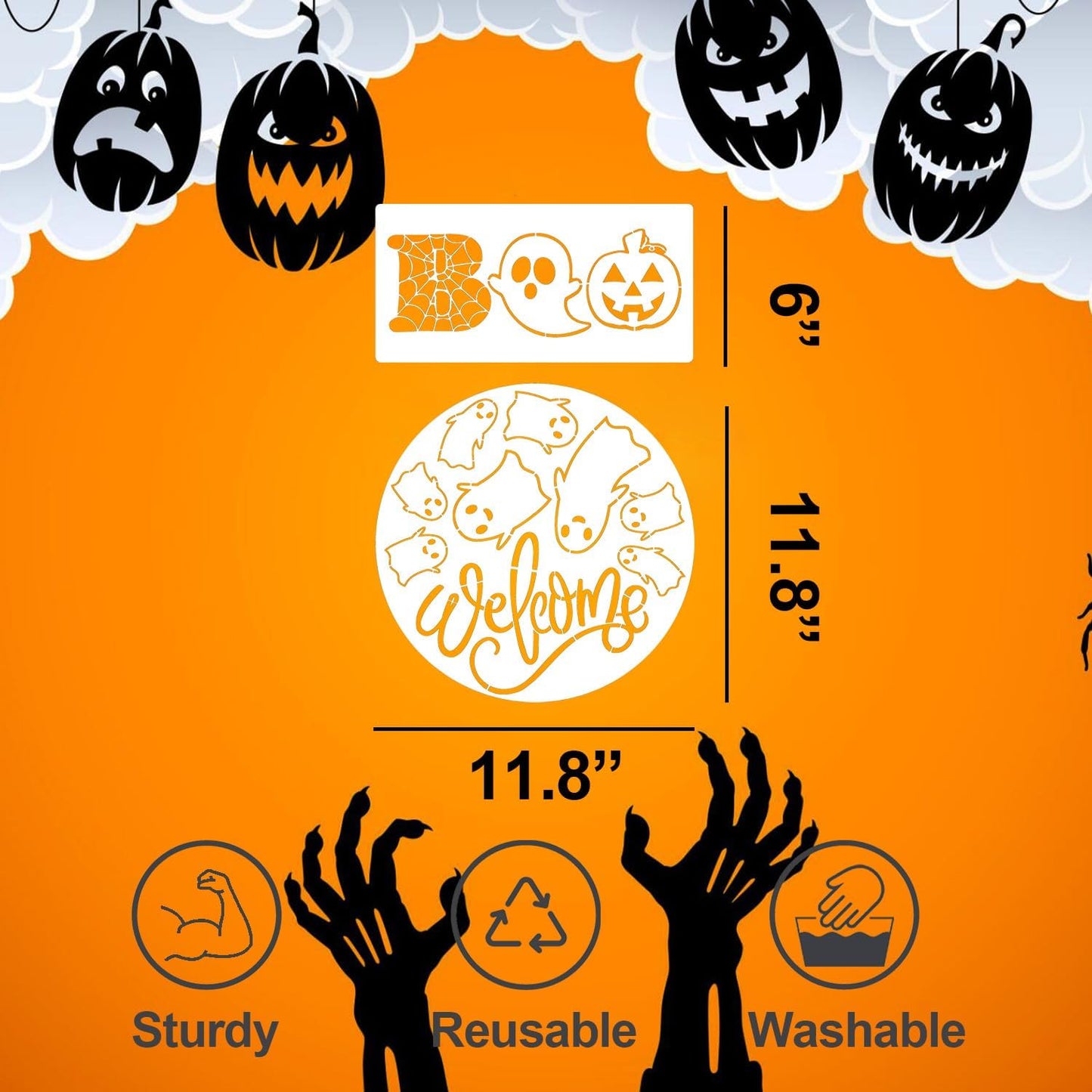 Halloween Stencils for Painting 12inch Large Reusable Halloween Stencil for Door Hanger Round Skeleton Ghost Boo Templates for Wood Walls Windows Door Mat Fabric