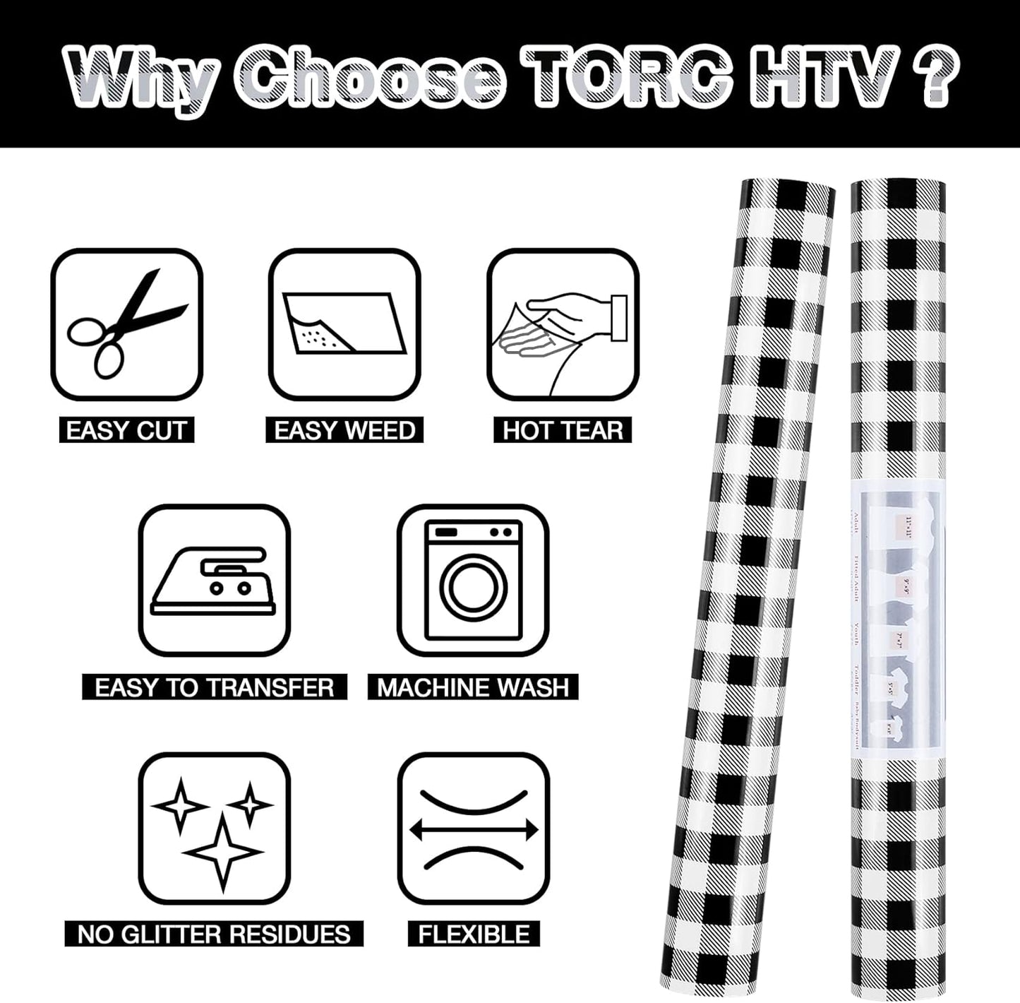 TORC Black White Buffalo Plaid HTV Vinyl 12 inch x 5 ft, Check Heat Transfer Vinyl Iron on Transfers for Christmas