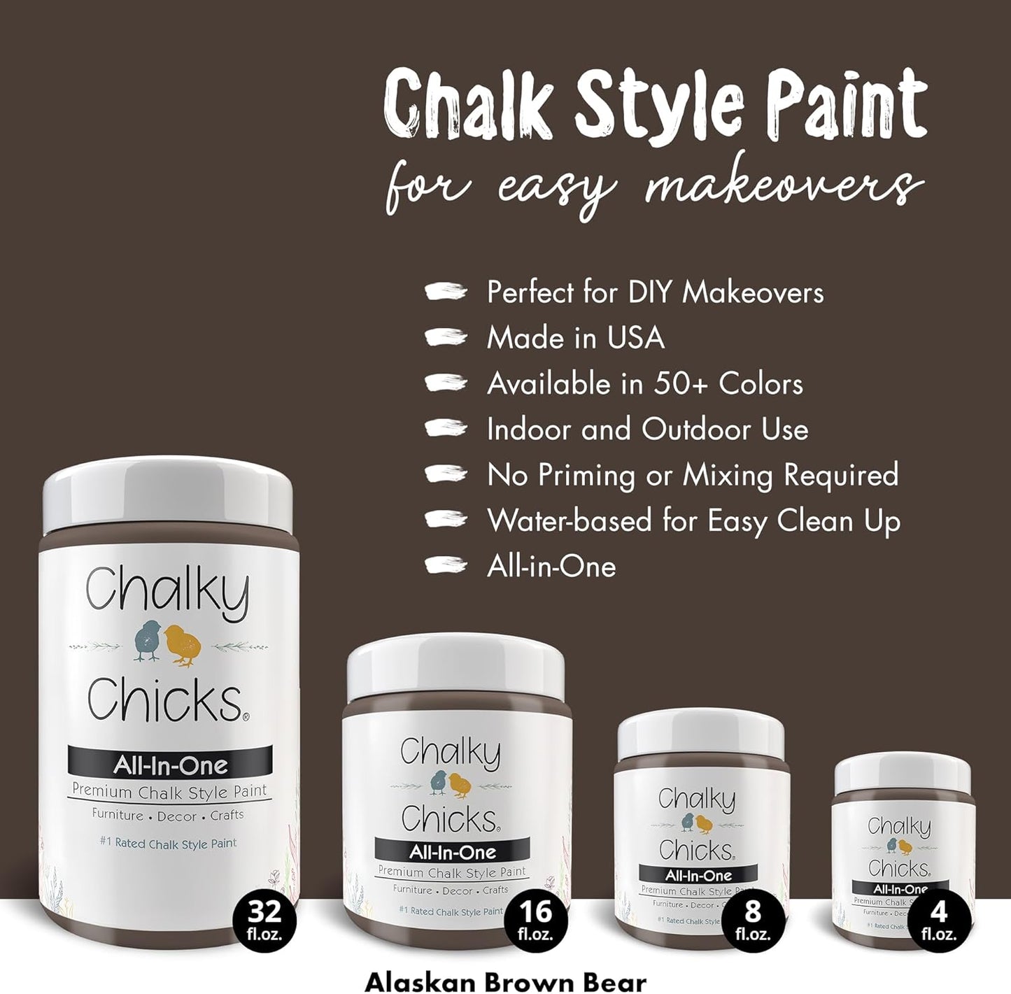 Chalky Chicks All-in-One Chalk Paint for Furniture or Cabinet - 4 Fl Oz - Matte Finish Alaskan Brown Bear for Metal, Wood Furniture Paint - No Sanding All-in-One for Home Decor & Crafts, USA Made