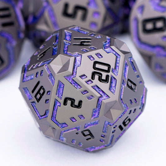 Metal DND Sci-fi Dice Set 7PCS Stripe Polyhedral Dice for Dungeons Dragons RPG Role Playing Game, Glitter D and D Dice with Gift Box D6 D8 D10 D12 D20 (Black Purple) ﻿