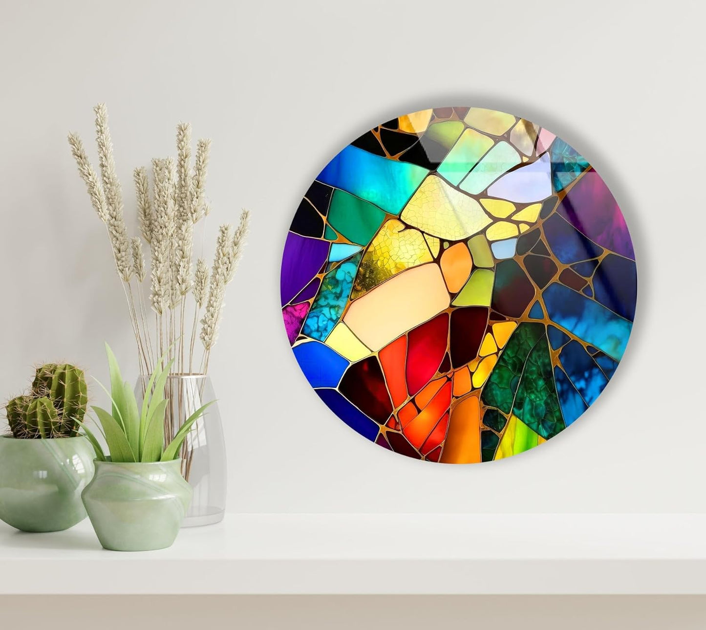 My Photostation.com 39,4''(100cm) Diameter Multicolor Round Stained Glass Wall Art Vibrant Mosaic Abstract Panel Tempered Glass Printing Wall Decor Large Wall Art Wall Hangings
