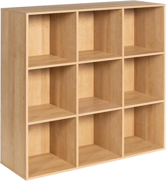 Wooden 9-Cube Storage Organizer with Closed Back Panel, 11in Cube Shelf Opening, Bookshelf, Display Shelf,Closet Cabinet for Home and Office,Natural Oak