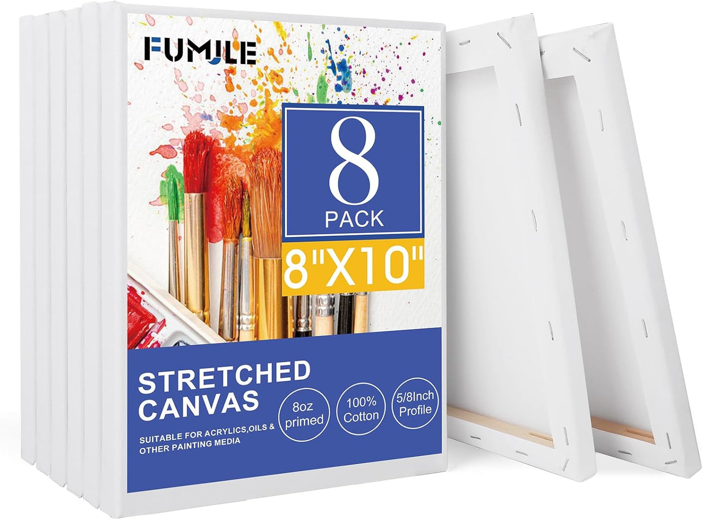 FUMILE Stretched Canvas for Painting, 8 Pack 8x10 Canvas 5/8 Inch Profile Primed White Blank Canvases for Painting for Oil, Acrylic & Other Art Painting Media.