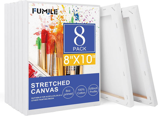 FUMILE Stretched Canvas for Painting, 8 Pack 8x10 Canvas 5/8 Inch Profile Primed White Blank Canvases for Painting for Oil, Acrylic & Other Art Painting Media.