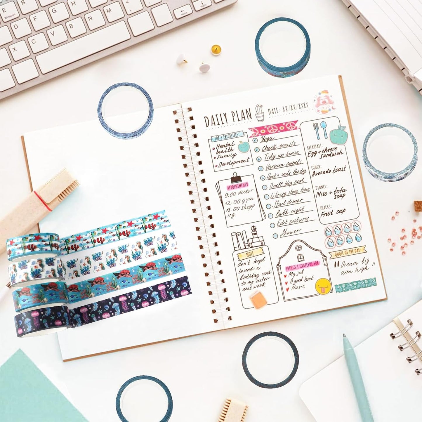 12 Rolls Blue Ocean Washi Tape, Underwater World Masking Tapes, Sea Animal Cartoon Decorative Tape for Arts, DIY Crafts, Journals, Planners, Scrapbook, Wrapping 16.4FT