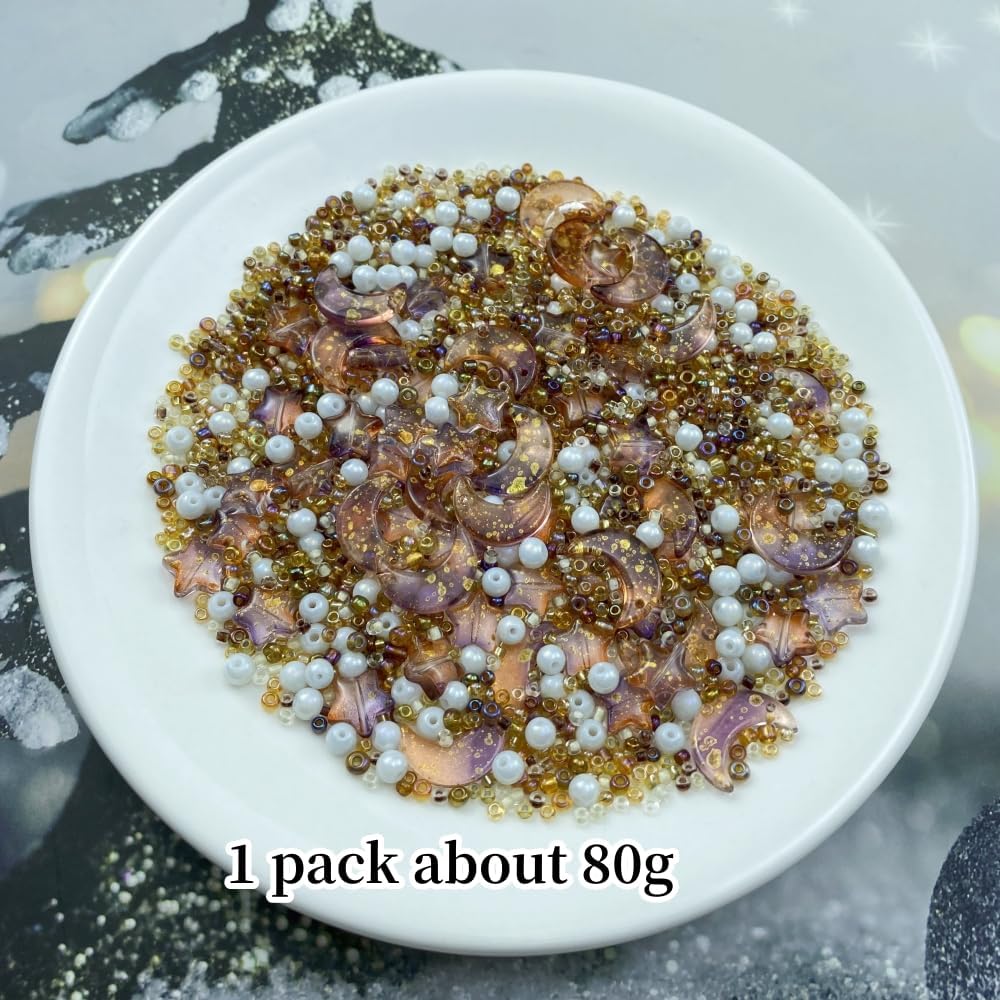 Assorted Glass Beads for Jewelry Making Multi Size Colors Glass Star Moon Seed Pearl Spacer Beads for Bracelets Necklace Earring Making(White Brown)