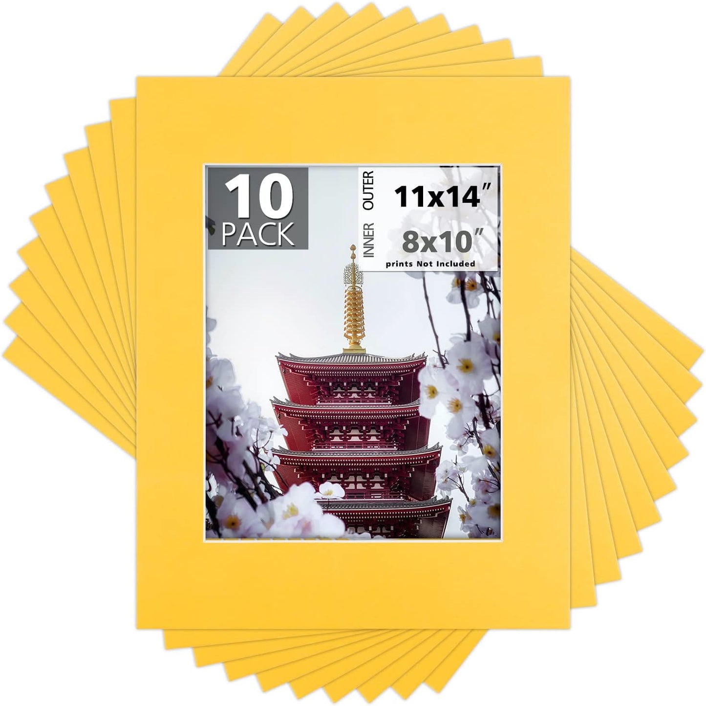 Mat Board Center, Pack of 10, 11x14 for 8x10 Deep Yellow Color Mats - Bevel Cut, Acid Free, 4-ply Thickness, White Core - for Pictures, Photos, Framing
