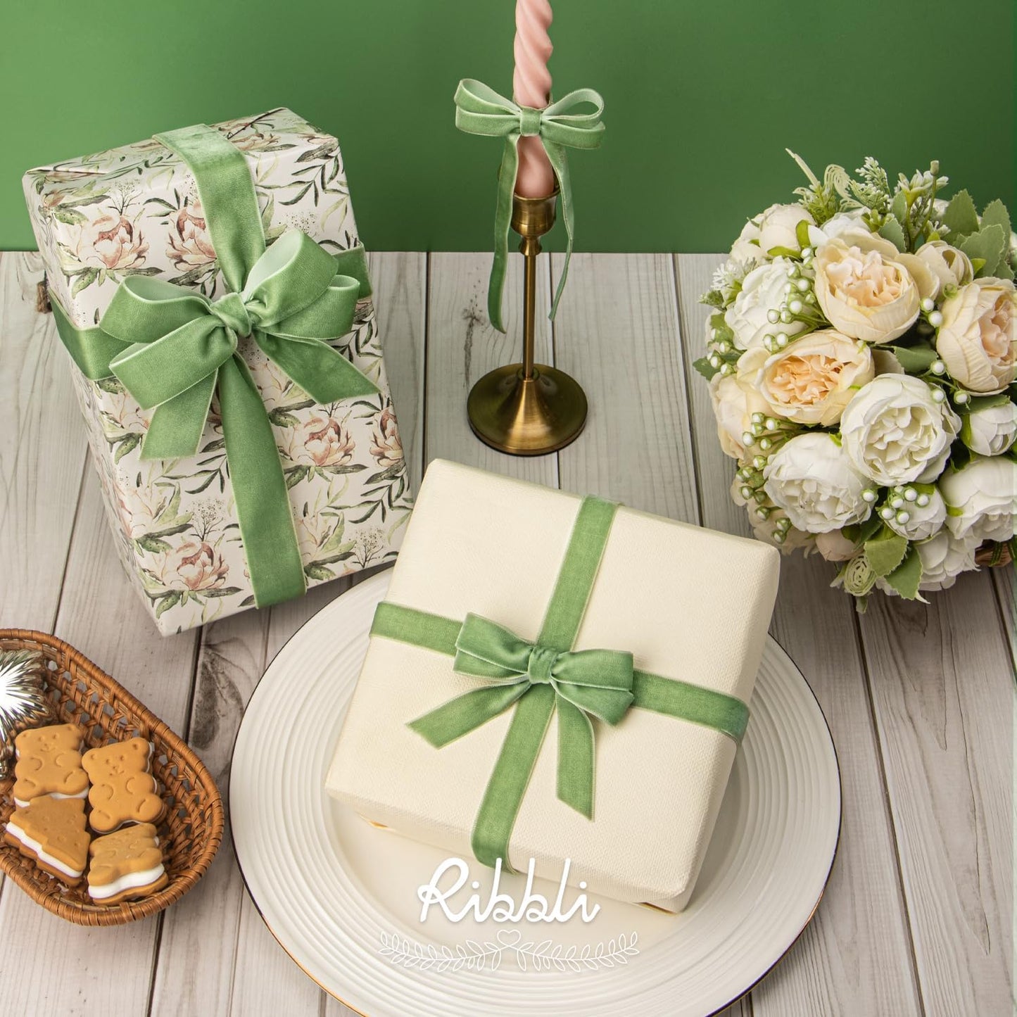 Ribbli Sage Green Velvet Ribbon 5/8 Inches Continuous10 Yard Spool Spring Moss Christmas Ribbon for Gift Wrapping Crafts Home Decor