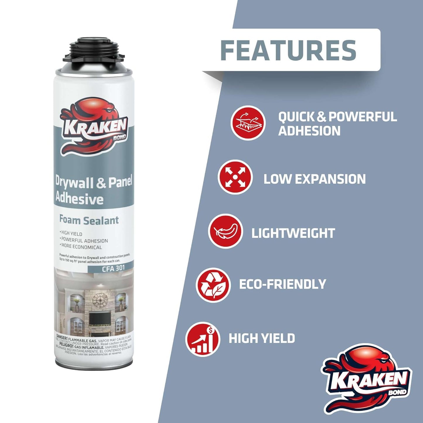 KRAKEN BOND Drywall & Panel Adhesive Foam - (2x24oz) Heavy-Duty, Fast-Curing Construction Adhesive for Concrete, Wood, and Heat Insulation Applications - Gun&Gun Cleaner Set