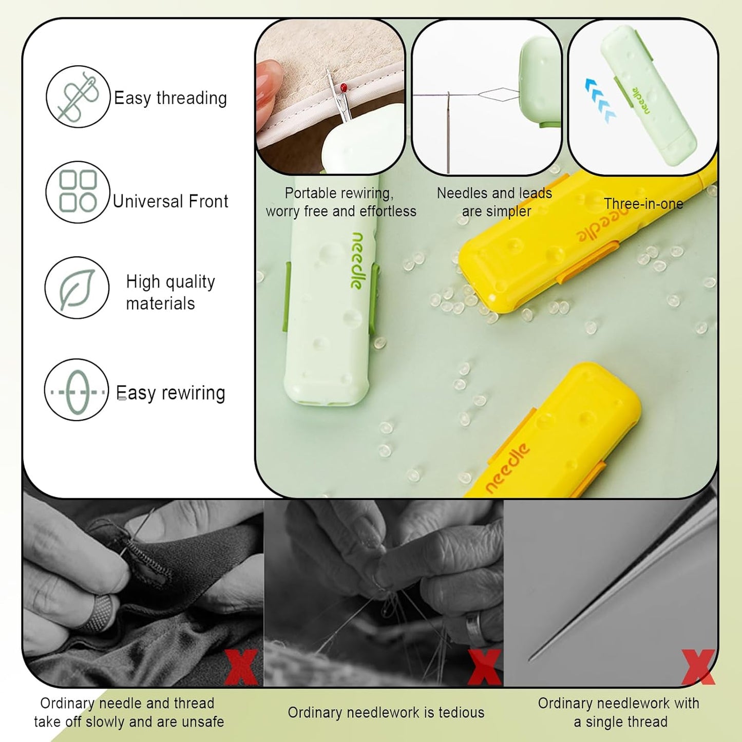 sanzkjic Upgraded 3-in-1 Automatic Threader Seam Ripper with Needle Storage, Multi-Function Quilting Sewing Accessories, Hand Sewing Threader for Embroidery & Quick Repairs (2PCS -Green,Yellow)